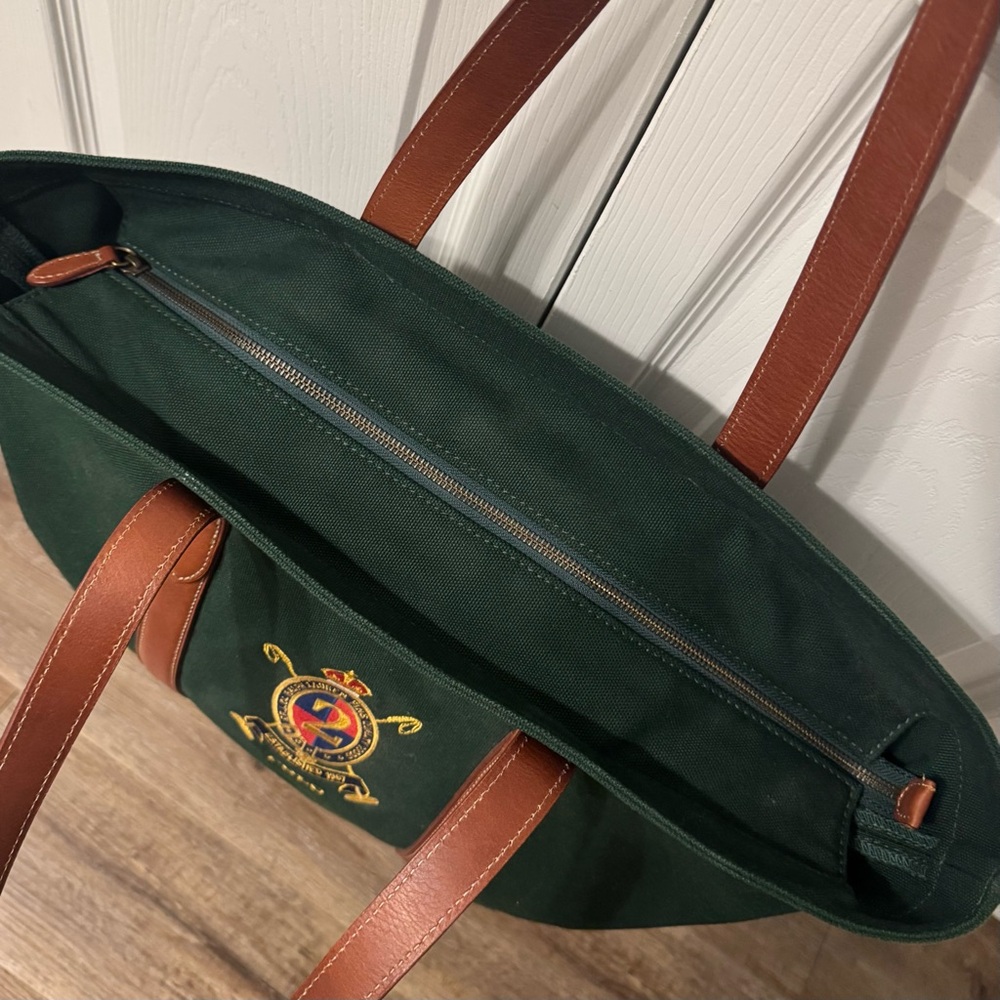 Polo by Ralph Lauren Green Canvas Tote with Brown Leather Trim - Picture 10 of 11